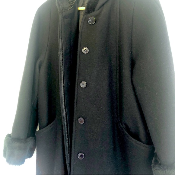 Black Wool Coat, Faux Fur & Leopard-Lined Hood, Size 12P - Picture 5 of 10